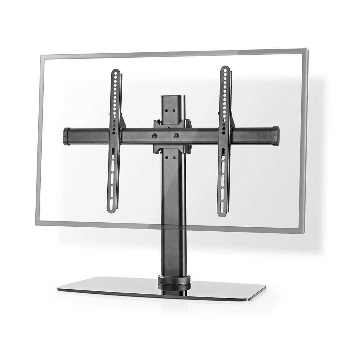 Fuld bevægelig TV stand fra Nedis til skærme mellem 32 og 65 tommer med en sort metalramme og en blank fod der giver stabilitet og moderne udseende