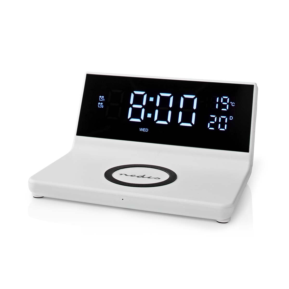 Nedis Vækkeur med trådløs opladning har en stor digital skærm der viser tid og temperatur med mulighed for to alarmtider samt snooze funktion i et stilrent hvidt design