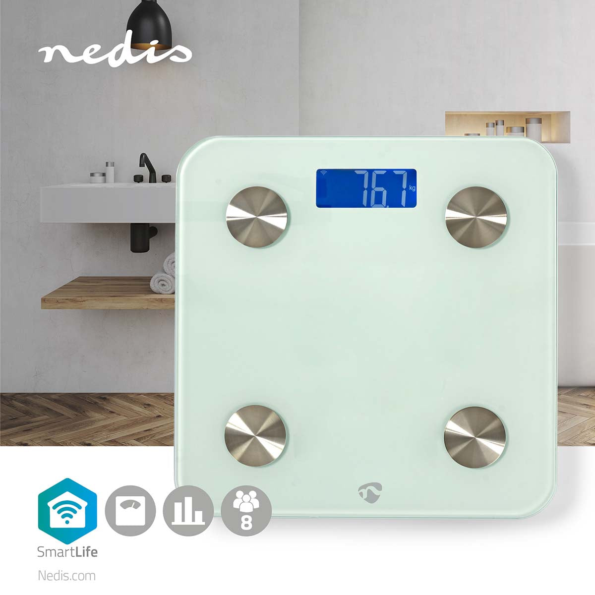Billede af Nedis WIFIHS10WT SmartLife personvægt med et moderne design i glas og digitale visninger, der viser vægten 76,7 kg. Vægten har fire solide fødder i rustfrit stål og er placeret i et stilrent badeværelse med håndklæder og en vask. Nederst er Nedis logo og SmartLife informationer.