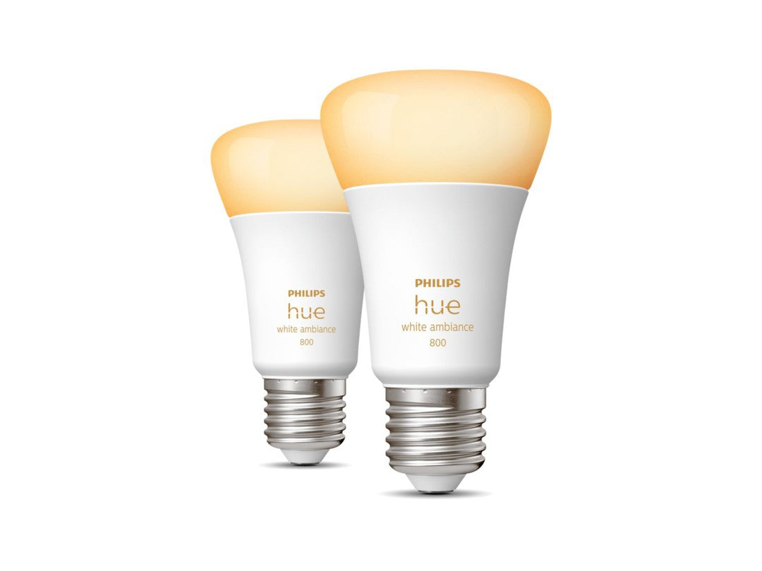 To sæt Philips Hue White Ambiance E27 pærer med Bluetooth, der viser to pærer i hvid og gul farve med E27 fatning og produktbeskrivelse på siden.