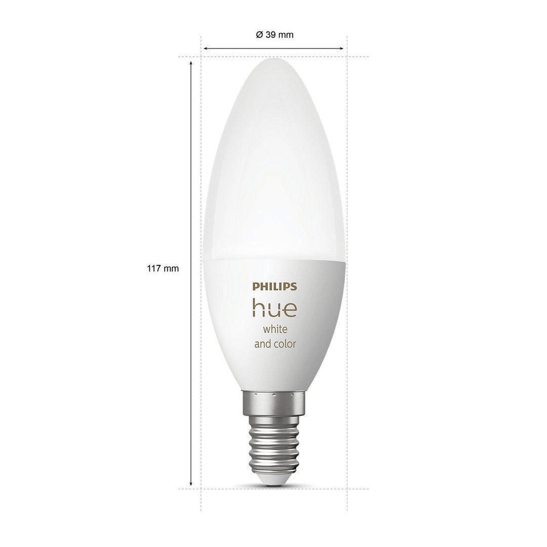 Philips Hue White and color ambiance E14 pære i hvidt design med dimensioner på 39 mm i diameter og 117 mm i højde