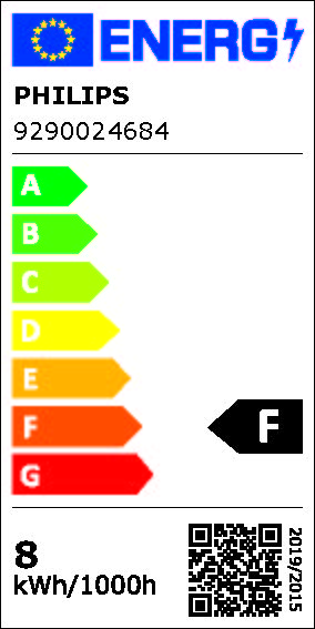 Energimærke for Philips Hue white ambiance startsæt E27 viser et energiforbrug på 8 kWh pr. 1000 timer og klassificeres som F med skala fra A til G