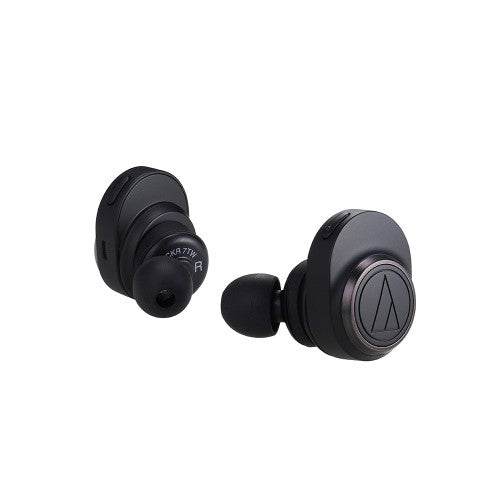 Billede af Audio-Technica ATH-CKR7TW trådløse in-ear hovedtelefoner i sort farve med ergonomisk design og synlige knapper til kontrol