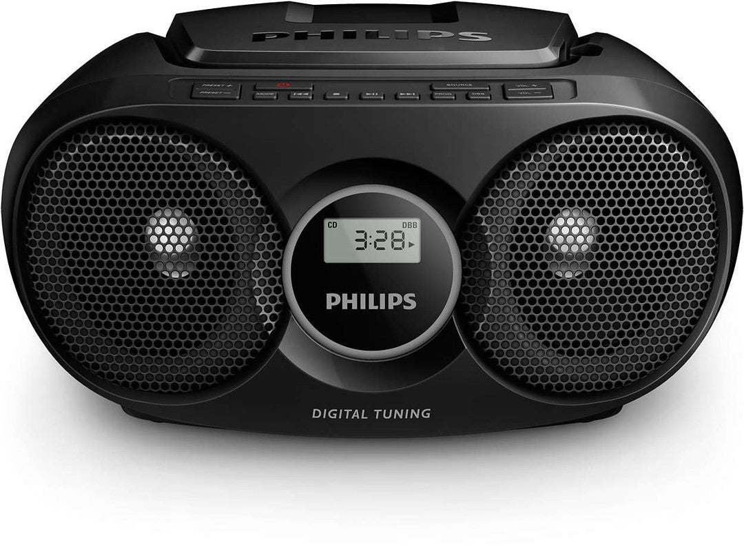 Philips AZ215B/12 CD ghettoblaster i sort med to højttalere og digitalt display der viser tiden og CD-status samt kontrolknapper øverst