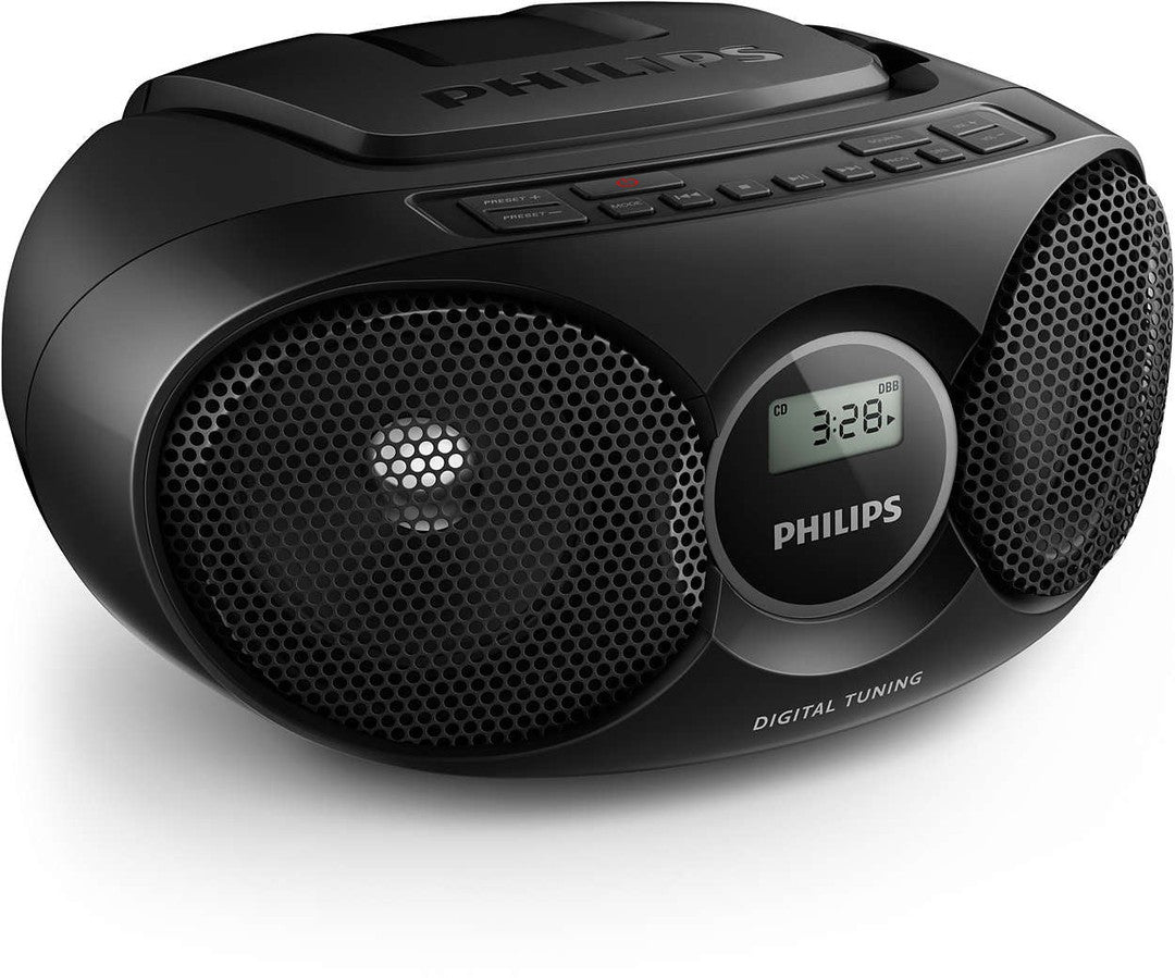 Philips AZ215B/12 CD ghettoblaster i sort med digital tuning og LCD display der viser tiden samt lydstyrkeniveau