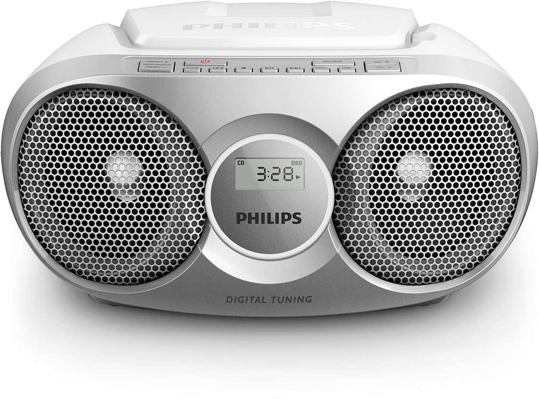 CD ghettoblaster fra Philips model AZ215S/12 i sølvfarve med digitale indstillinger og to højttalere i front samt et LCD-display viser tid og funktionen CD