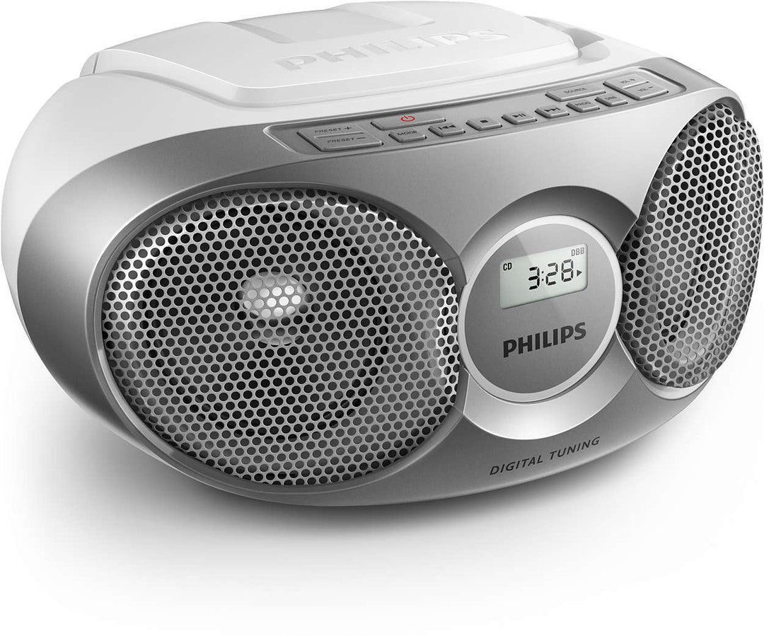 Philips AZ215S/12 CD ghettoblaster i sølv med digitale tuningknapper og LCD-display, der viser tiden samt cd-afspilning, udstyret med to højtalere og et moderne design.