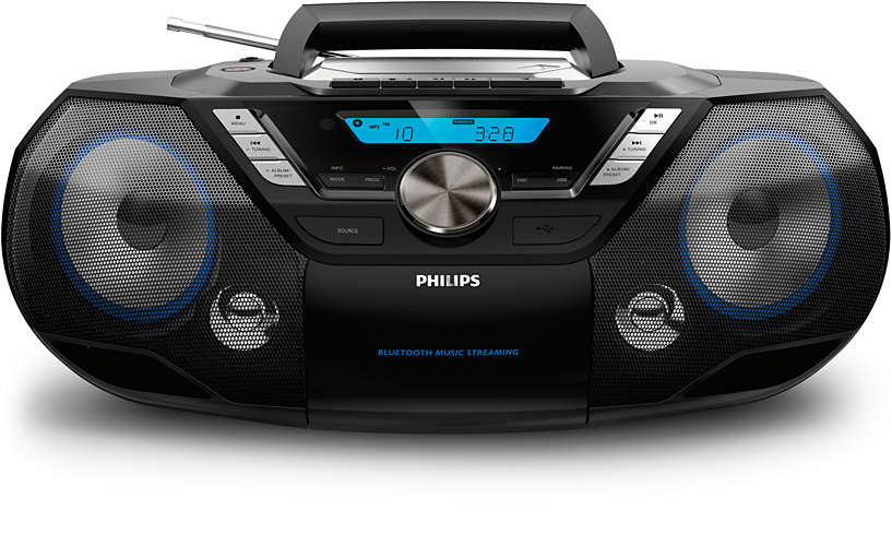 CD Soundmachine fra Philips model AZB798T/12 i sort med Bluetooth funktion og store højtalere foran med lysende detaljer, betjeningsknapper og LCD skærm til musikafspilning.