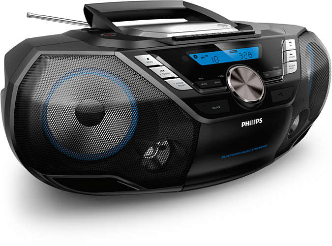 Philips AZB798T/12 CD Soundmachine Bluetooth i sort design med store højttalere og digitalt display synlig på kontrolpanelet
