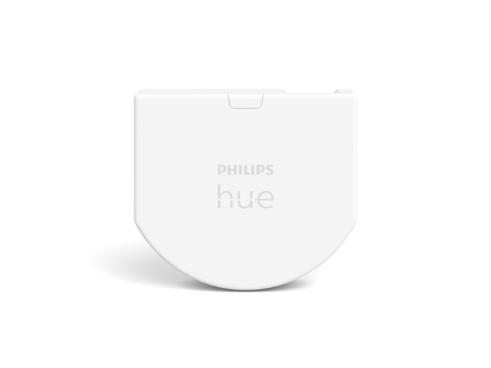 Philips Hue vægkontrolmodul i hvid farve med en glat overflade og det tydelige logo på forsiden