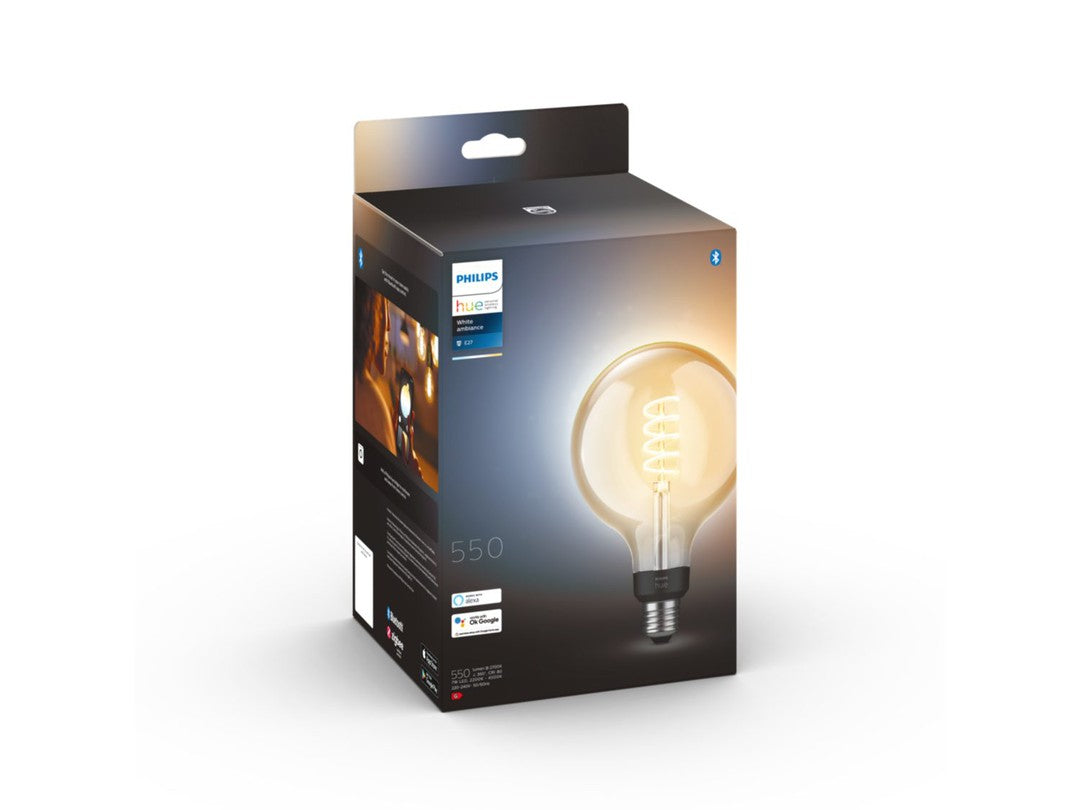 Packaged Philips Hue White Ambiance Filament Globe G125 E27 lampe med detaljer om funktioner og brugsanvisning på forsiden og bagsiden af kassen