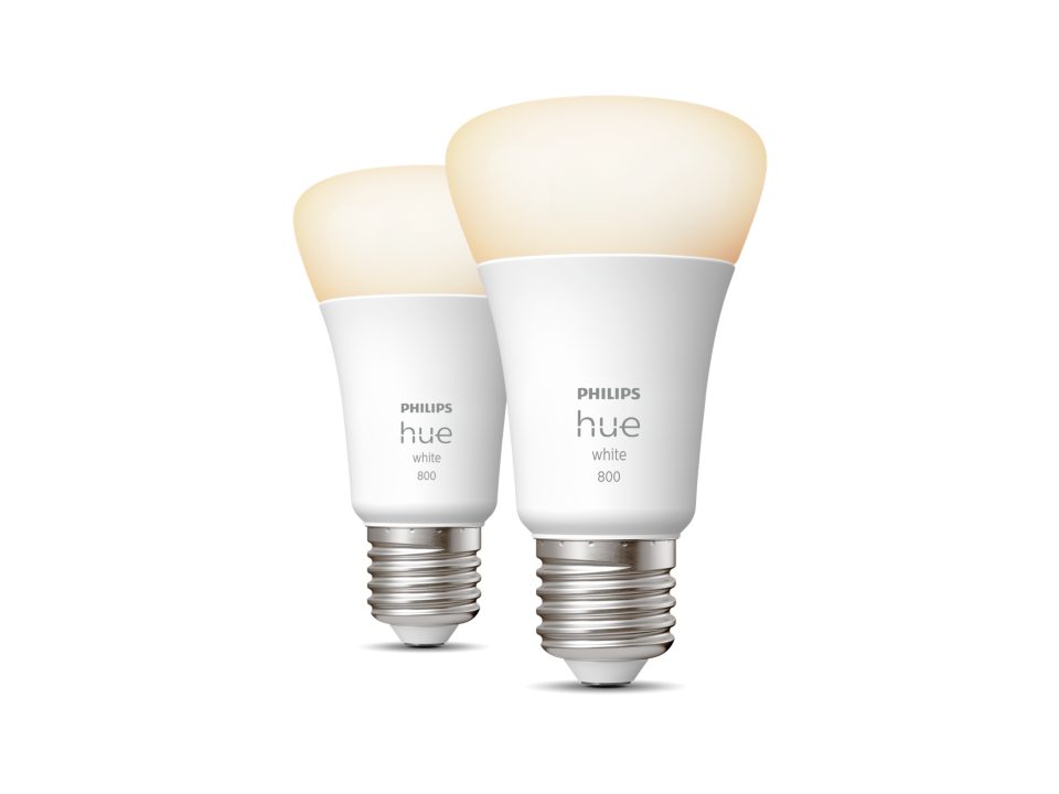 To sæt Philips Hue White E27 pærer på 800 lumen med blødt hvidt lys ideelle til hjemmet og belysning af forskellige rum
