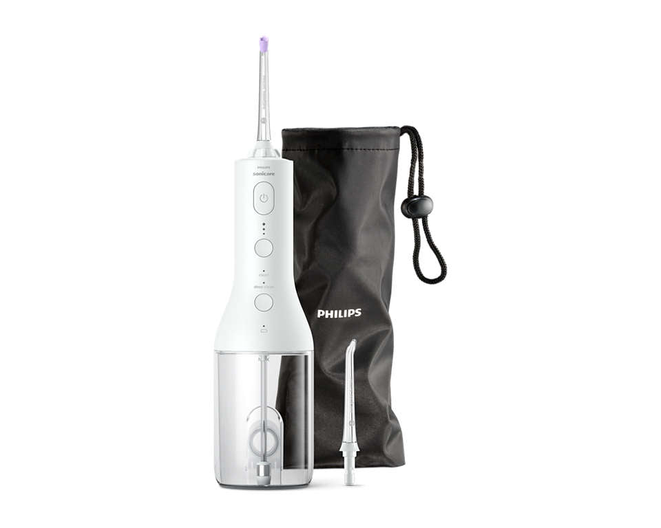 Philips Sonicare HX3826/31 Airfloss trådløs power flosser med en gennemsigtig beholder og et fleksibelt dysestående i grå farve, ligeledes vist med en sort opbevaringspose med Philips-logoet på.