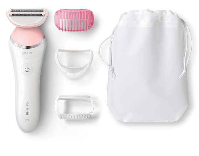 Philips BRL140/00 ladyshaver med tre tilbehørsdele og en opbevaringspose i hvidt stof, inkluderer en barberhoved med pink detalje og justerbare kamme til præcisionsbarbering