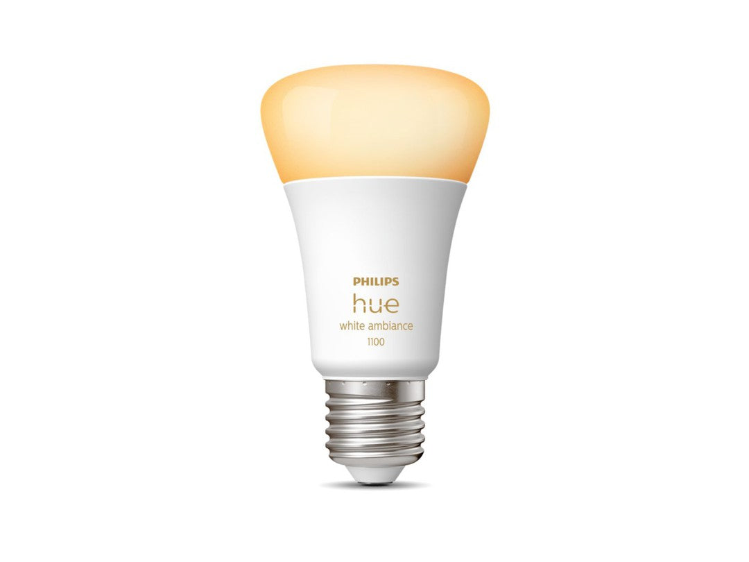 Philips Hue White Ambiance E27 pære med Bluetooth i hvidt og gyldent design der giver justerbar belysning til ethvert rum