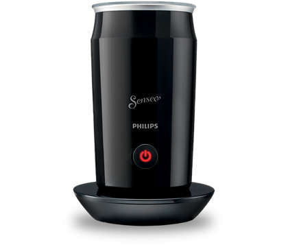 Mælkeopskummer fra Philips model CA6500/60 i sort farve med en rund, slank design og en tænd/sluk-knap foran