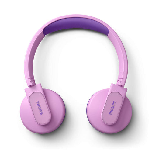 Trådløse on-ear hovedtelefoner til børn fra Philips i lyserød farve med blødt polstret hovedbøjle og ørekopper designet til komfort og sikkerhed