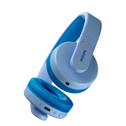 Trådløse on-ear hovedtelefoner til børn fra Philips i hvid og blå farve med polstret ørepuder og USB-opladerport