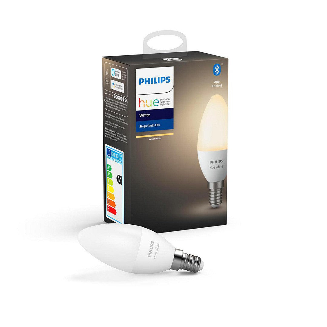Philips White E14 pære i æbleform med Bluetooth-funktion og en enkelt pære i præsentationsæske tydeligt mærket med Philips og Hue logoer samt energimærkning i farver fra A til E