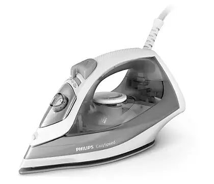 Philips GC1751/80 Dampstrygejern med ergonomisk design og grå farve, der viser dampkoblen og temperaturindstillingsknappen, ideelt til hurtig og effektiv strygning