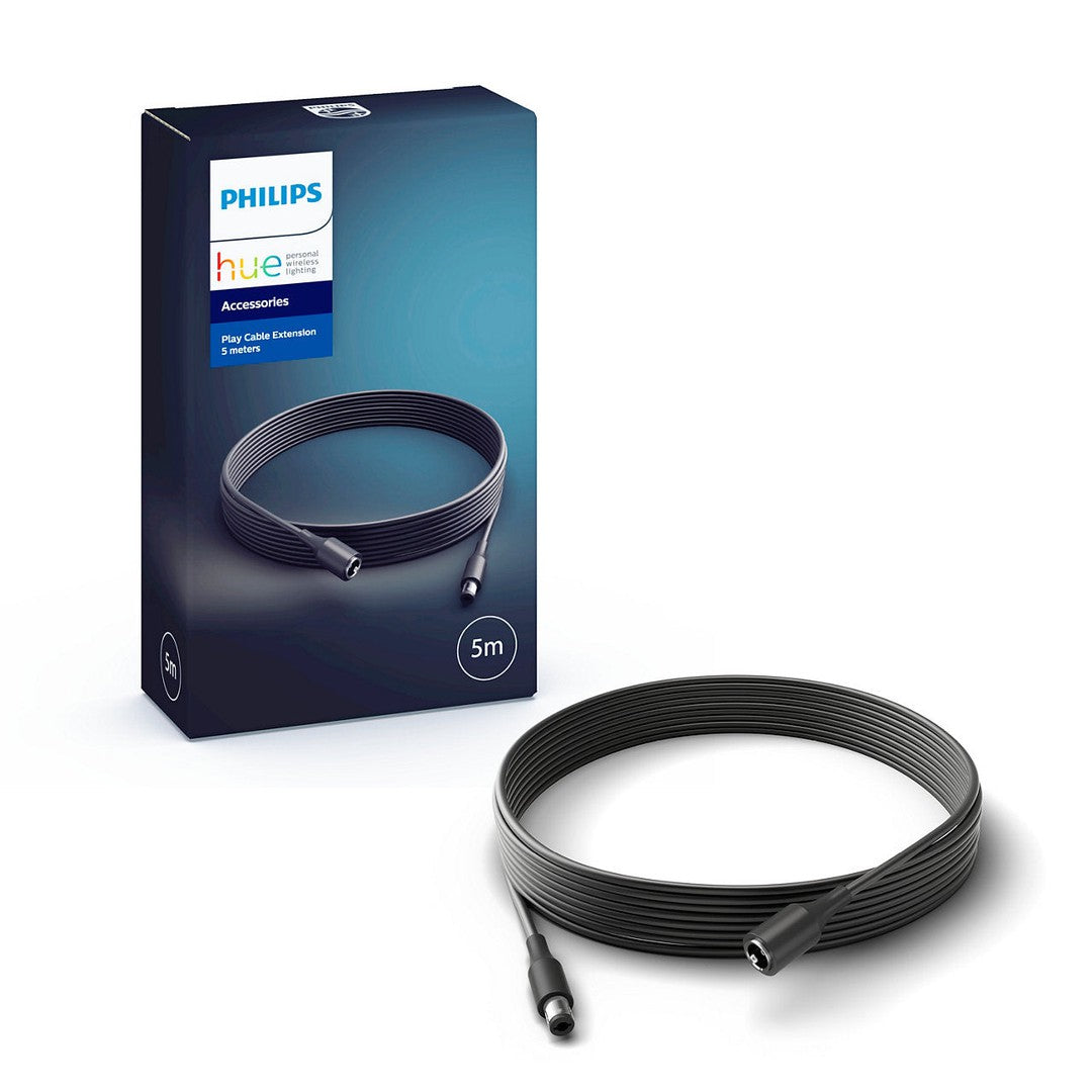 Philips Hue White and color ambiance Play forlængerkabel på 5 meter præsenteret med en indpakning i blå og sort farve som præsenterer produktinformation og længde