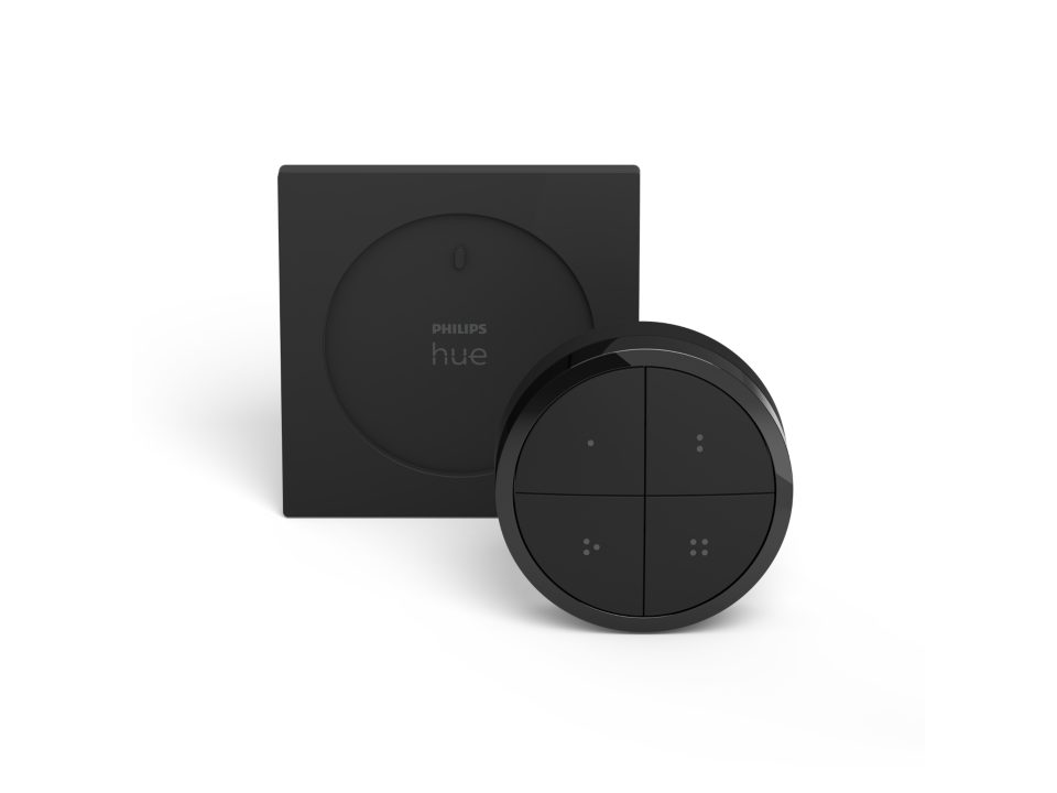 Philips Hue Tap dial switch i sort med fire betjeningsknapper og en rund lyskontrol i sort design