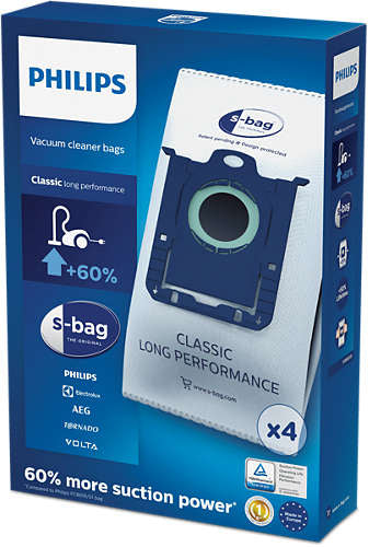 Pakke med Philips FC8021/03 støvposer S.bag med Classic long performance design der sikrer 60 procent mere sugeevne indeholder fire støvposer og billeder af en støvsuger samt produktets logo