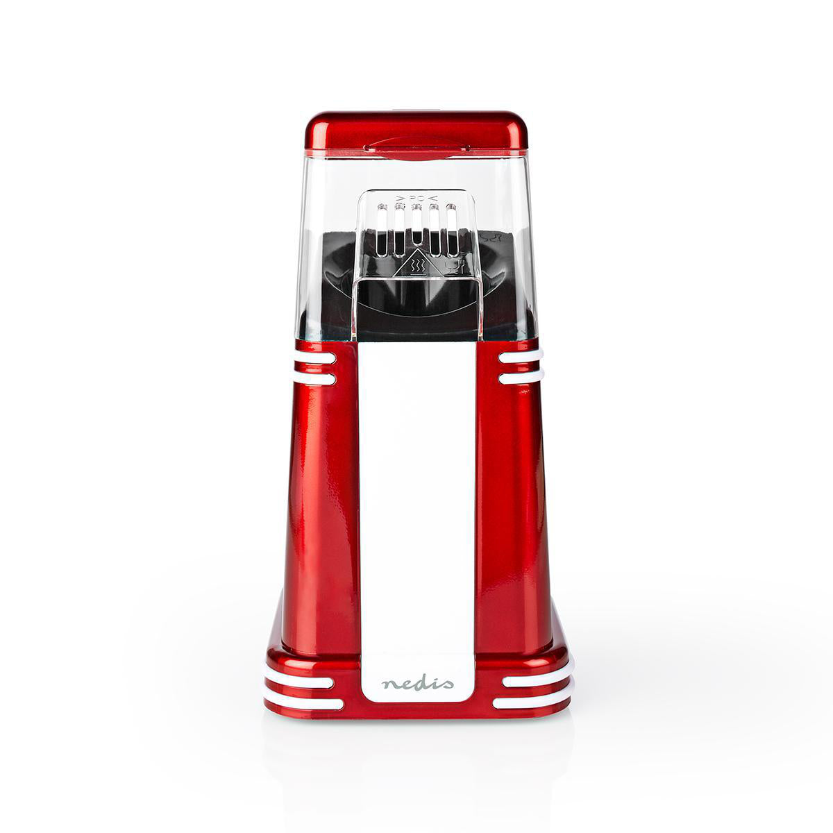 Popcornmaskine fra Nedis i rød farve med en moderne og retroinspireret design med en gennemsigtig top og en hvid frontlås. Den har en høj effekt på 1200 W og bruger varm luft til at poppe popcorn uden olie.