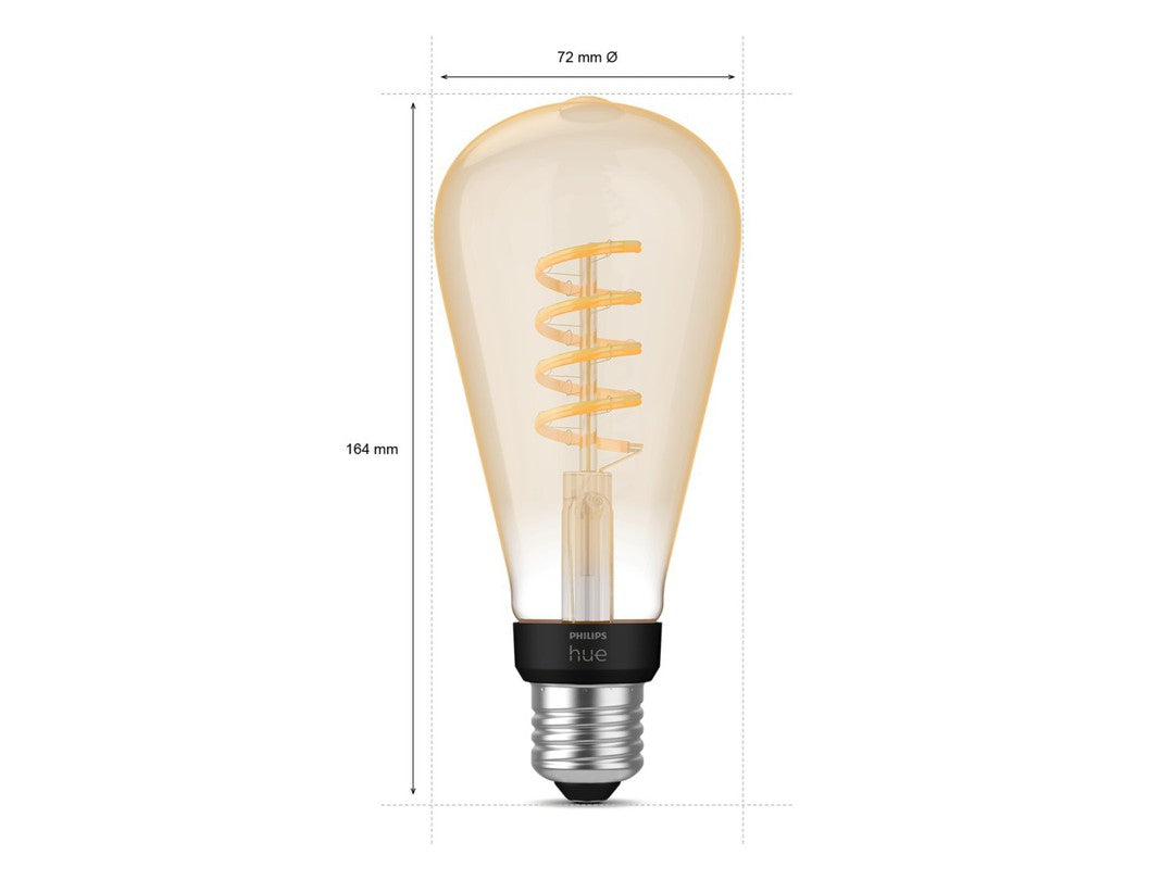 Philips Hue White Ambiance Filament Edison ST72 E27 pære med en størrelse på 72 mm i diameter og 164 mm i længden, har en klar glasdesign med en spiralformet filament indeni som afgiver varmt hvidt lys, velegnet til atmosfærer i hjemmet