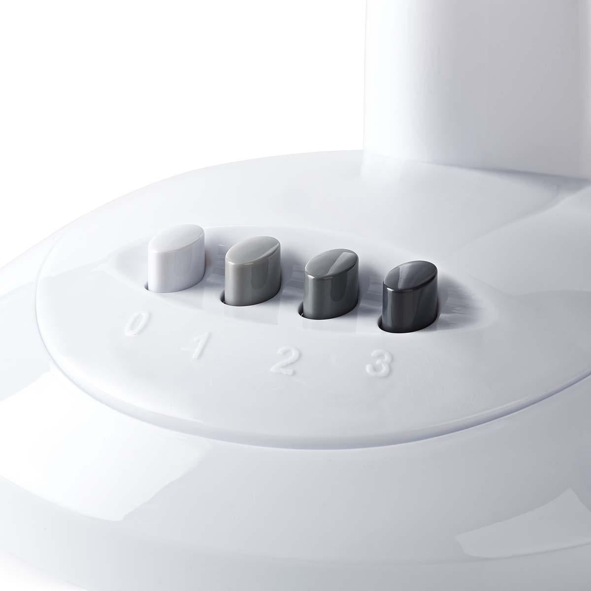 Bordventilator fra Nedis med en diameter på 30 cm og tre hastigheder samt drejefunktion i hvid farve viser kontrolknapper i forskellige nuancer på basen