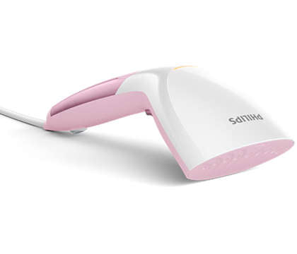 Philips GC299/40 håndholdt stofdamper med ergonomisk design og lyserød håndtag, der giver et effektivt dampoutput til glatning af tøj og tekstiler