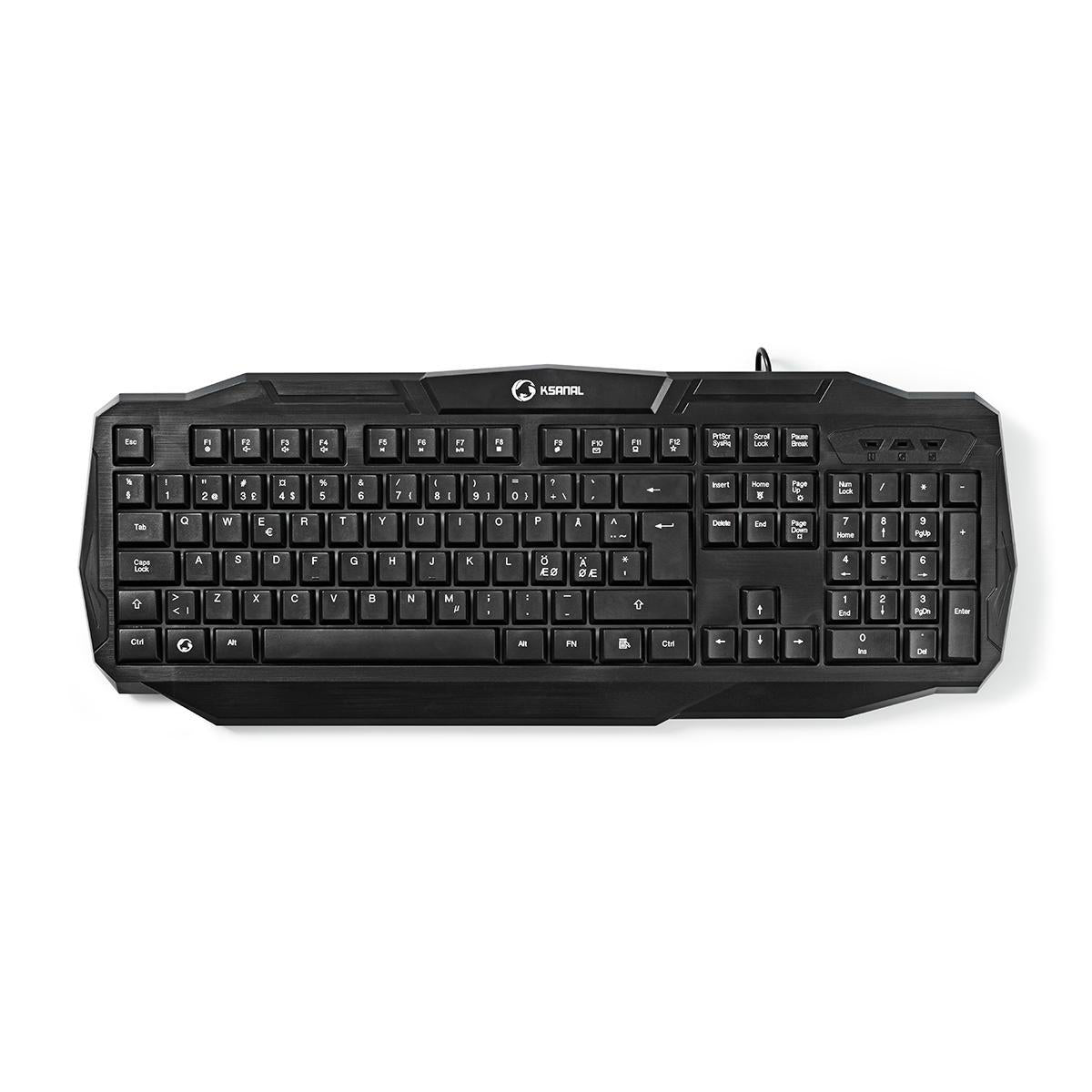 Billede af Nedis GKBD100BKND Kablet Gamingtastatur med USB 2.0 tilslutning, nordisk layout i sort farve, viser tastaturets knapper og design fra oven.
