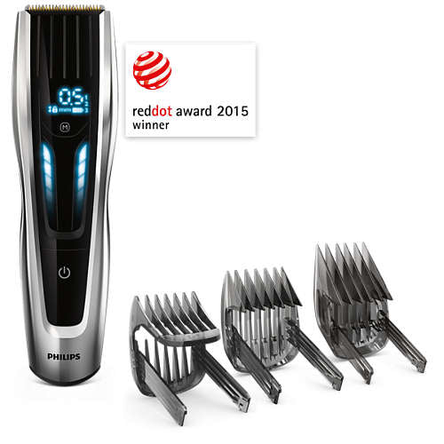 Philips HC9450/15 hårklipper med digital touchskærm og tre forskellige længdeindstillinger i metal farve der viser præcise målinger og har vundet Red Dot Award 2015