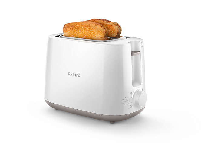 Philips HD2581/00 brødrister i hvid farve med to skiver ristet brød på toppen og et enkelt design samt betjeningsknap på siden