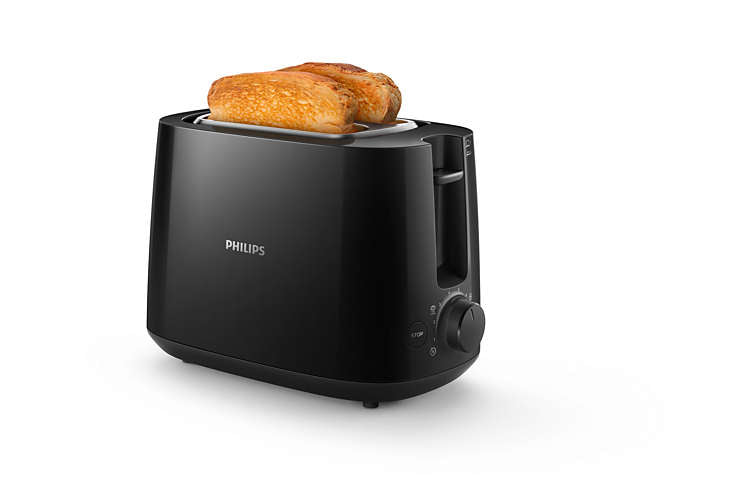 Philips HD2581/90 brødrister i sort farve med to skiver brød som er let gyldne i toppen placeret i risten