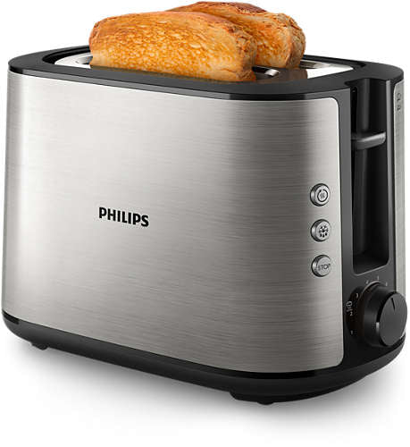 Philips HD2650/90 toaster i metal med brød der ristes i toppen og knapper til justering af ristningsniveau og stopfunktion
