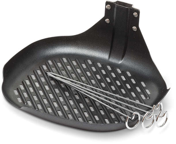 En sort belagt bageplade til Philips HD9941/00 Airfryer med perforeringer og tre metalspyd til skiftevis tilberedning af madvarer