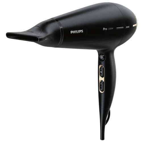 Philips HPS920/00 hårtørrer i sort med ProDryer teknologi og 2300W effekt, designet med en lang håndtag og to kontrolknapper til temperature og hastighed.