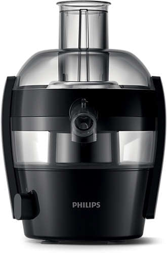 Philips HR1832/00 saftpresser i sort med en kapacitet på 1,5 liter og en effekt på 500 watt designet til hurtig rengøring og effektiv juicing