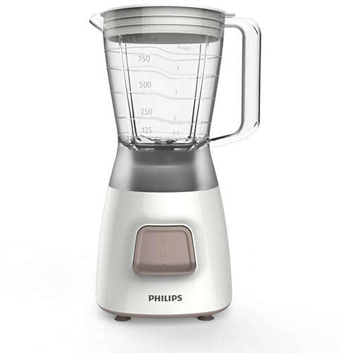 Philips HR2052/00 blender med en effekt på 350 W i hvid farve med gennemsigtig beholder og målemarkeringer på siden