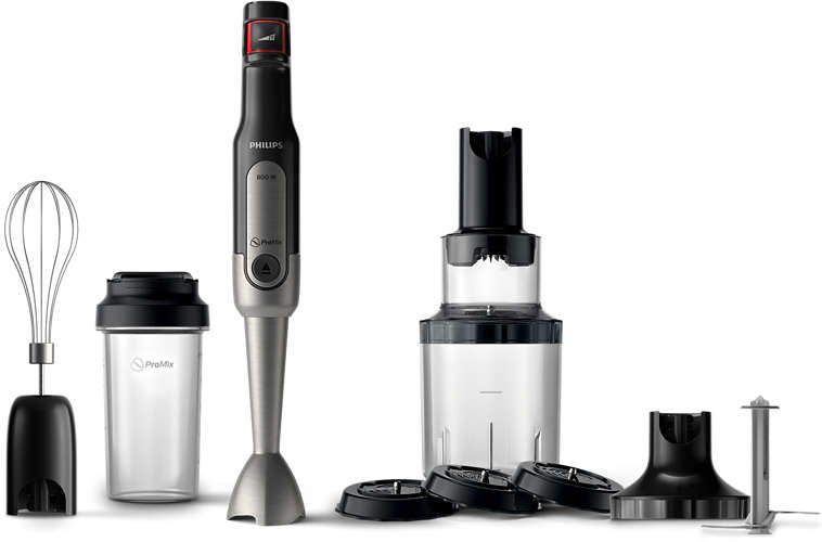 Philips HR2657/90 Stavblender ProMix SpeedTouch med 800W motor inklusiv XL hakkedel, spiralizer, mixer tilbehør og On the Go flaske i metal og sort farve