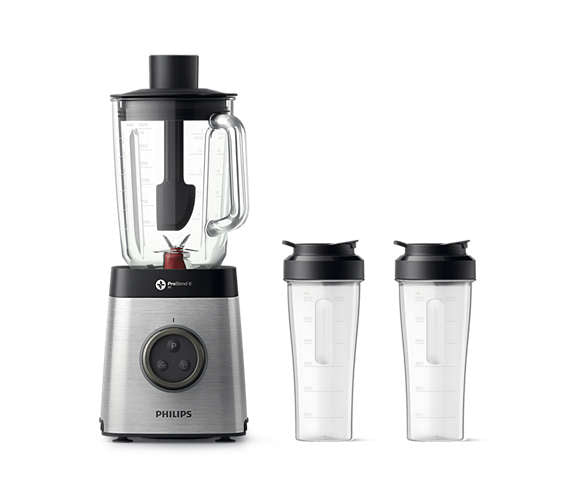 Philips HR3655/00 højhastighedsblender fra Avance Collection med en effekt på 1400W i metal finish leveres med to plastbeholdere til smoothies og andre drikkevarer