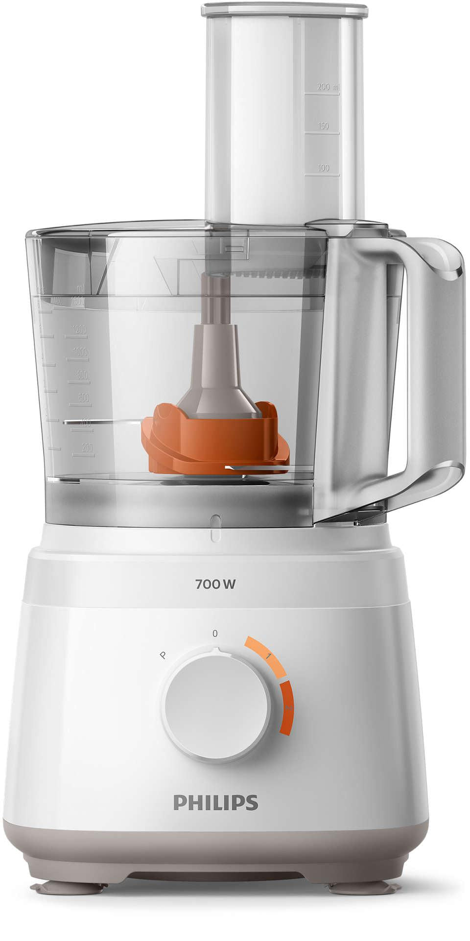 Billede af Philips HR7310/00 kompakt foodprocessor med 700 W motor og 16 funktioner samt en 2-i-1 skive, der viser skålen, det gennemsigtige låg og kontrolknappen i orange og hvid farve.