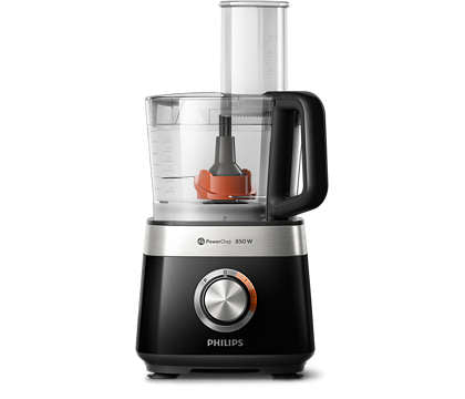 Philips HR7530/10 Kompakt foodprocessor med 850W motor og 31 funktioner designet til at lette madlavning med en elegant sort og sølv finish og en brugervenlig drejeknap