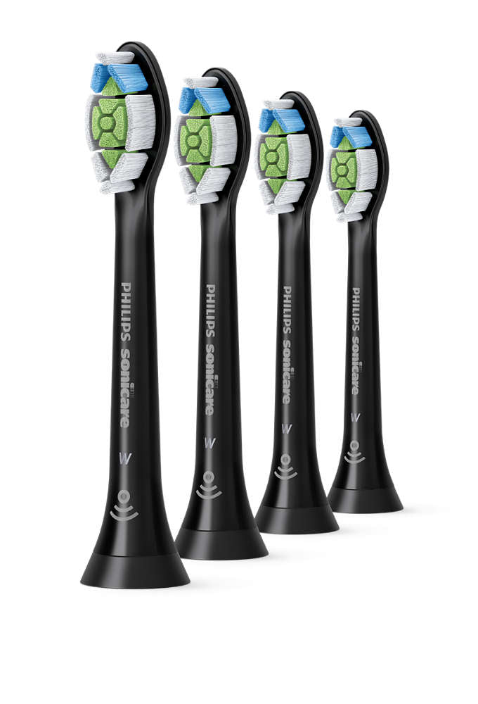 Fire Philips Sonicare W2 Optimal White tandbørstehoveder i sort med farverige børstehår for effektiv rengøring og tandpleje