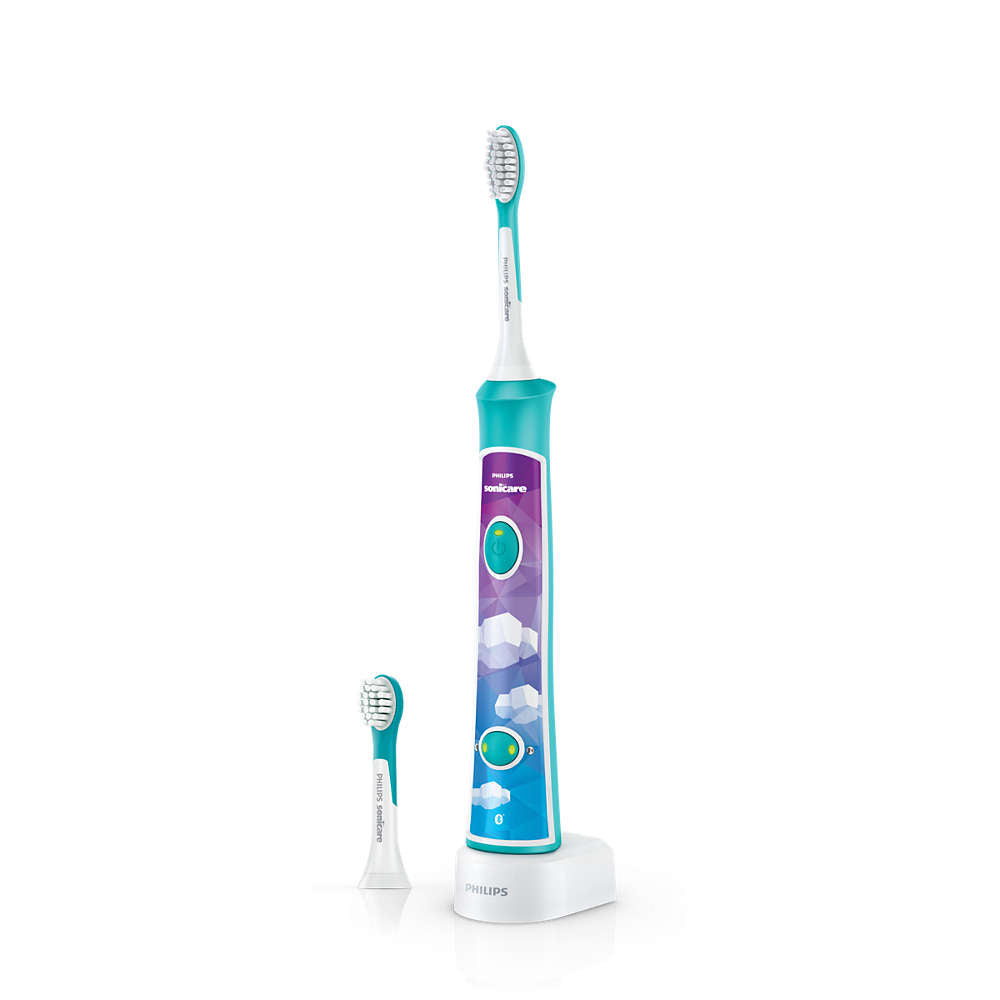 Elektrisk tandbørste Philips HX6322/04 Sonicare til børn med en stor tandbørste og en mindre tandbørste ved siden af på en hvid baggrund