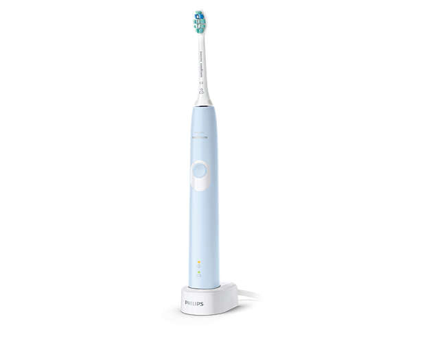 Philips HX6803/04 Sonicare ProtectiveClean eltandbørste i blå farve placeret på en oplader med tydelige kontroller og børstehoved