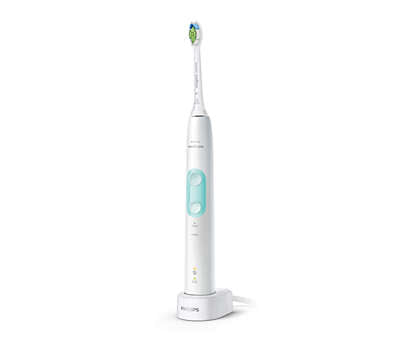 Philips HX6837/24 Sonicare eltandbørste i hvidt design med et mintgrønt kontrolpanel og en rund børstehoved placeret på en ladestation