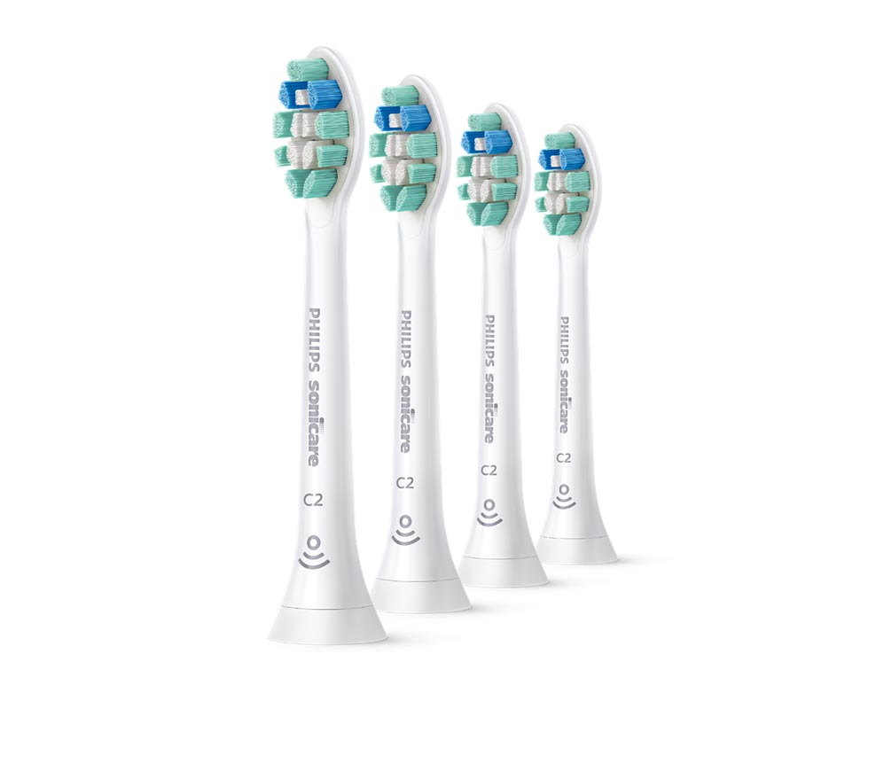 Philips HX9024/10 Sonicare C2 Optimal Plaque Defence tandbørstehoveder pakke med fire børstehoveder designet til effektiv fjernelse af plak og forbedret mundhygiejne med bløde børstehår og ergonomisk design