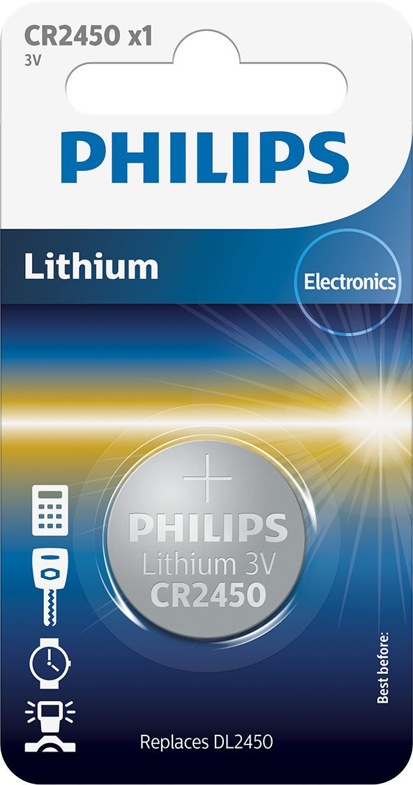 Philips CR2450 lithium 3V knapbatteri i blisterpakke med illustrationer af anvendelsesmuligheder som telefon, fjernbetjening, ur og lommelygte